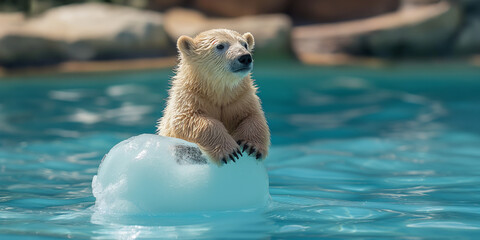 Eisbär Baby sitzt auf kleinen schmilzenden Eisberg, ai generativ - obrazy, fototapety, plakaty