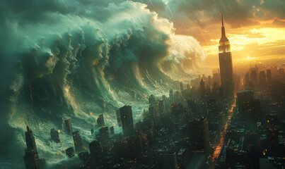 Majestic Tsunami Engulfs Metropolis in Surreal Cataclysm - Nature's Overwhelming Force Versus Urban Life - obrazy, fototapety, plakaty