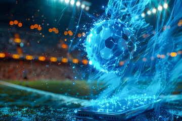A striking image showcasing a glowing digital soccer ball projection emerging from a smartphone on the football field.