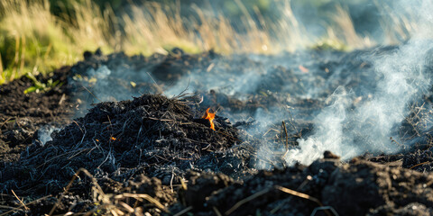 Naklejka premium The peat bog burns in the summer. Fire Danger of burning natural materials, natural peat.
