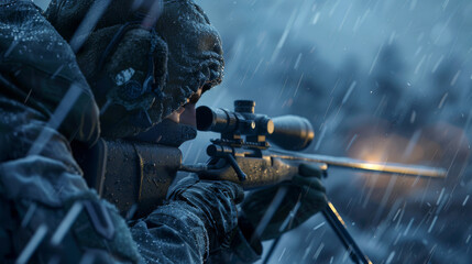 A tense and dramatic portrayal of a sniper in camouflage, with his rifle poised, amidst a snowy, unforgiving environment - obrazy, fototapety, plakaty