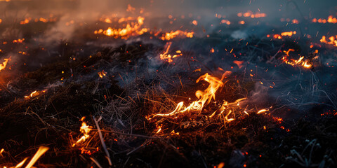 The peat bog burns in the summer. Fire Danger of burning natural materials, natural peat. - obrazy, fototapety, plakaty
