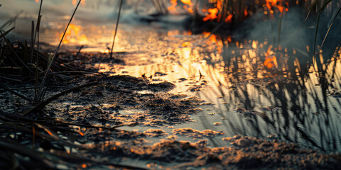 The peat bog burns in the summer. Fire Danger of burning natural materials, natural peat.