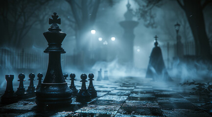 A dark chessboard with black pawns, the king in check and an ominous figure on its side - obrazy, fototapety, plakaty