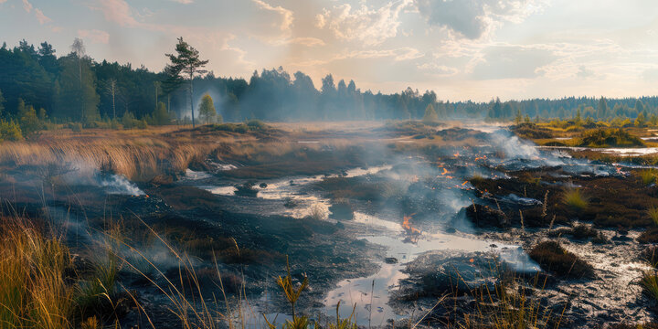 The peat bog burns in the summer. Fire Danger of burning natural materials, natural peat.