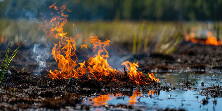 The peat bog burns in the summer. Fire Danger of burning natural materials, natural peat.