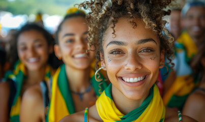 A group of Brazilian fans celebrating at the football stadium, wearing green and yellow with scarves around their necks. - obrazy, fototapety, plakaty