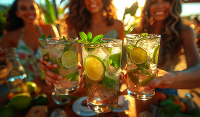 A group of friends toasting with mojito drinks at an outdoor party, seen from above.