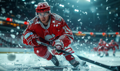 Professional hockey player is skating on ice with stick and puck in helmet and uniform. Players are fighting for the puck. - obrazy, fototapety, plakaty