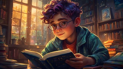 Child boy reading a book : Charming young reader in digital painting style - obrazy, fototapety, plakaty
