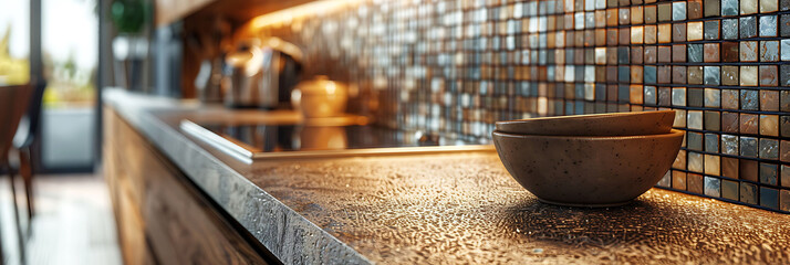 Close-up of a mosaic tile backsplash in a kitchen, hyperrealistic photography of modern interior design - obrazy, fototapety, plakaty