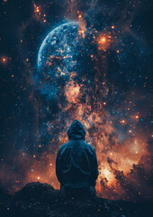 A man in a black hoodie sitting on a bench with planet Earth floating above him against a space background
