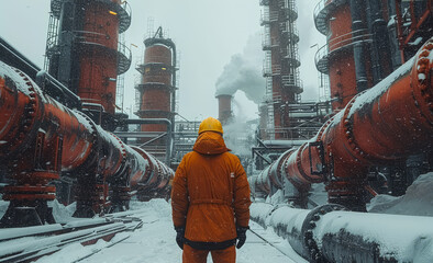 Man in bright orange jacket stands in front of large red and orange pipe factory in the snow. - obrazy, fototapety, plakaty
