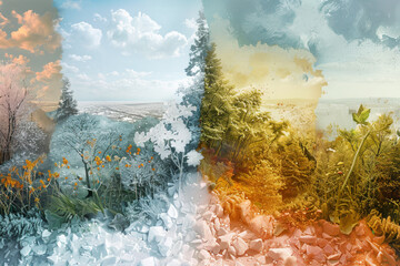 Generate a surreal depiction of a timeless grove, where the passage of seasons is distilled into a...