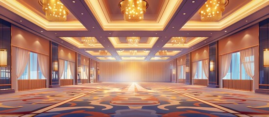 Spacious conference hall in a luxury hotel, featuring a carpeted floor and ceiling adorned with lights. - obrazy, fototapety, plakaty