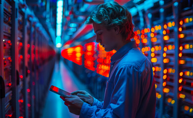 Obraz premium IT professional working on his tablet on the middle floor, standing at the balcony overlooking a large data center