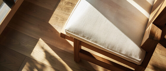Elegant minimalist Japanese furniture wooden chair with comfortable white pillow cotton cushion made from cut wood with clean lines and shadow from sunlight created with Generative AI Technology - obrazy, fototapety, plakaty