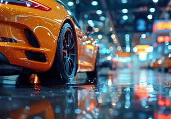 Foto op Plexiglas Orange sport car parking on the wet road with the reflection of lights 3d render © Vadim