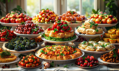 Buffet table with variety of delicious sweets food art dessert and fruit