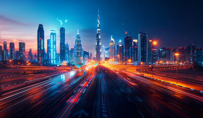 Fototapeta na wymiar Scenic nighttime skyline of Dubai UAE. Aerial view on highways and skyscrapers in the distance