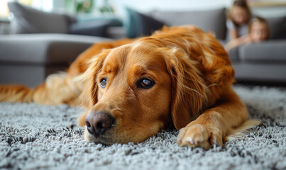 Cute golden retriever dog lying on the floor at home and her owner is in the background