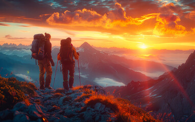 Two hikers enjoy sunset in the mountains