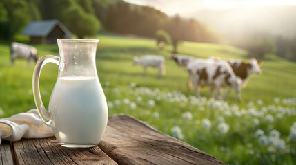Milk in a glass jug on the background of the herd of cows