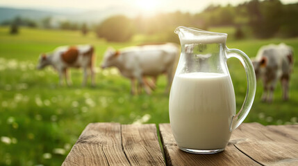 Milk in a glass jug on the background of the herd of cows - 783764772