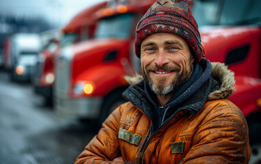 portrait of a smiling truck driver standing in front of his red cargo semitruck with his arms crossed