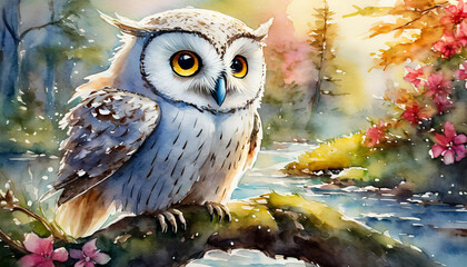 Watercolor illustration of beautiful little white owl on tree branch. Natural scenery. Hand drawn art.