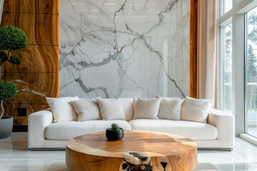 Modern Living Room With White Sofa and Unique Wooden Coffee Table in Daylight
