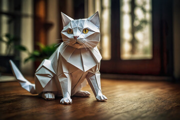 Adorable origami paper cat looking around while standing on ground at home.  Children's book illustration.
