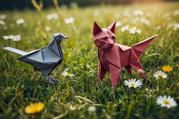 Origami paper cat and a pigeon facing each other on meadow.  Children's book illustration.