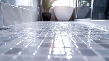 Close-up of a mosaic tile floor in a bathroom, modern interior design, scandinavian style hyperrealistic photography