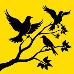 Flying bird with leaves silhouette illustration isolated in yellow background