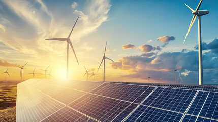 Solar panels and wind turbines at sunset. Alternative energy concept. - 783765359