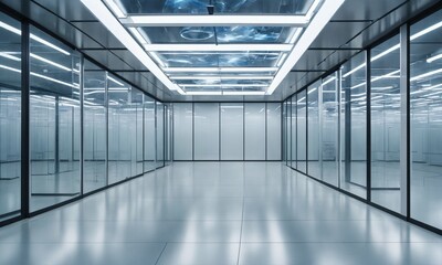office building interior, A realistic photo from the other side of a glass wall of a crowded, large, cubic, futuristic training room with white metal walls, white illumination, no windows