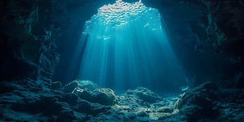 Mysterious Underwater Grotto Illuminated by Ethereal Sunlight Rays Inviting Deeper into the Depths of the Ocean