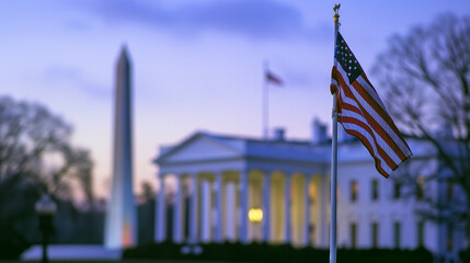 Naklejka premium American Flag and Washington Monument at Dusk 