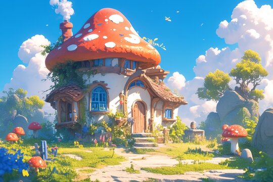 Mushroom house, illustration, cartoon, art