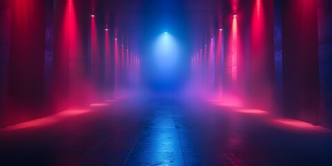 Striking Interplay of Red and Blue Lights in Mysterious Foggy Tunnel Creating an Otherworldly Atmosphere
