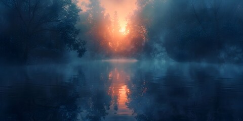 The Ethereal Glow of the Forest Reflected in the Tranquil Lake Layers of Light and Darkness Create a Mysterious Serene Atmosphere