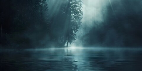 Ethereal Glow of Light and Darkness in a Misty Forest Lake