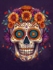 Mexican sugar skull with floral ornament and flowers.