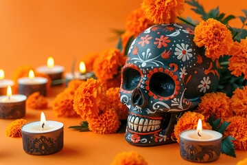 Day of the Dead skull with orange marigold flowers - 783765799