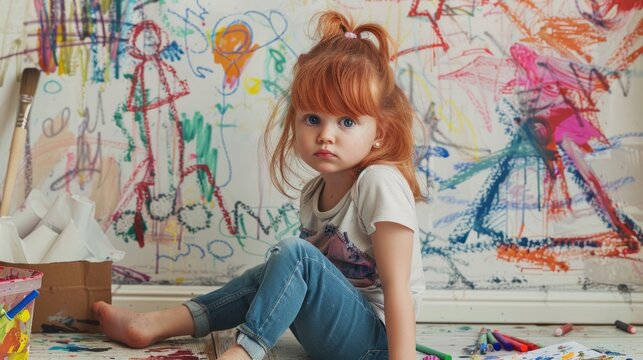 A young red-haired girl sits in front of a vibrant, colorfully painted wall. Paints and markers are scattered around, depicting a vivid, creative childhood environment.
