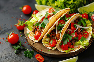 Mexican tacos with meat, vegetables and cheese.