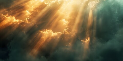 Celestial Symphony of Radiant Light Beams Piercing Through Ethereal Clouds and Fog Creating a Captivating and Ever Changing Heavenly Scene