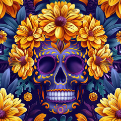 Seamless pattern with sugar skull and flowers. - 783765932