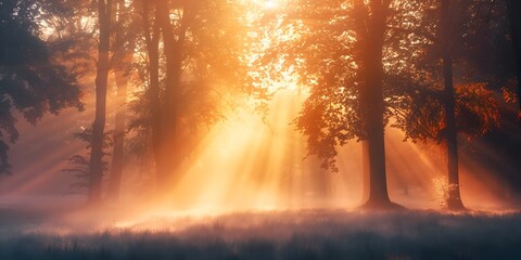 Captivating Rays of Sunlight Filtering Through the Misty Forest Canopy Creating a Serene and Ethereal Ambiance